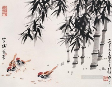 竹の下にある呉作人鶏のアンティーク中国料理 Oil Paintings